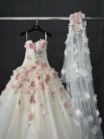 Romantic Pink Floral A Line Sweetheart Neck Tulle Long Prom Dress Gown Dress HZ1023
